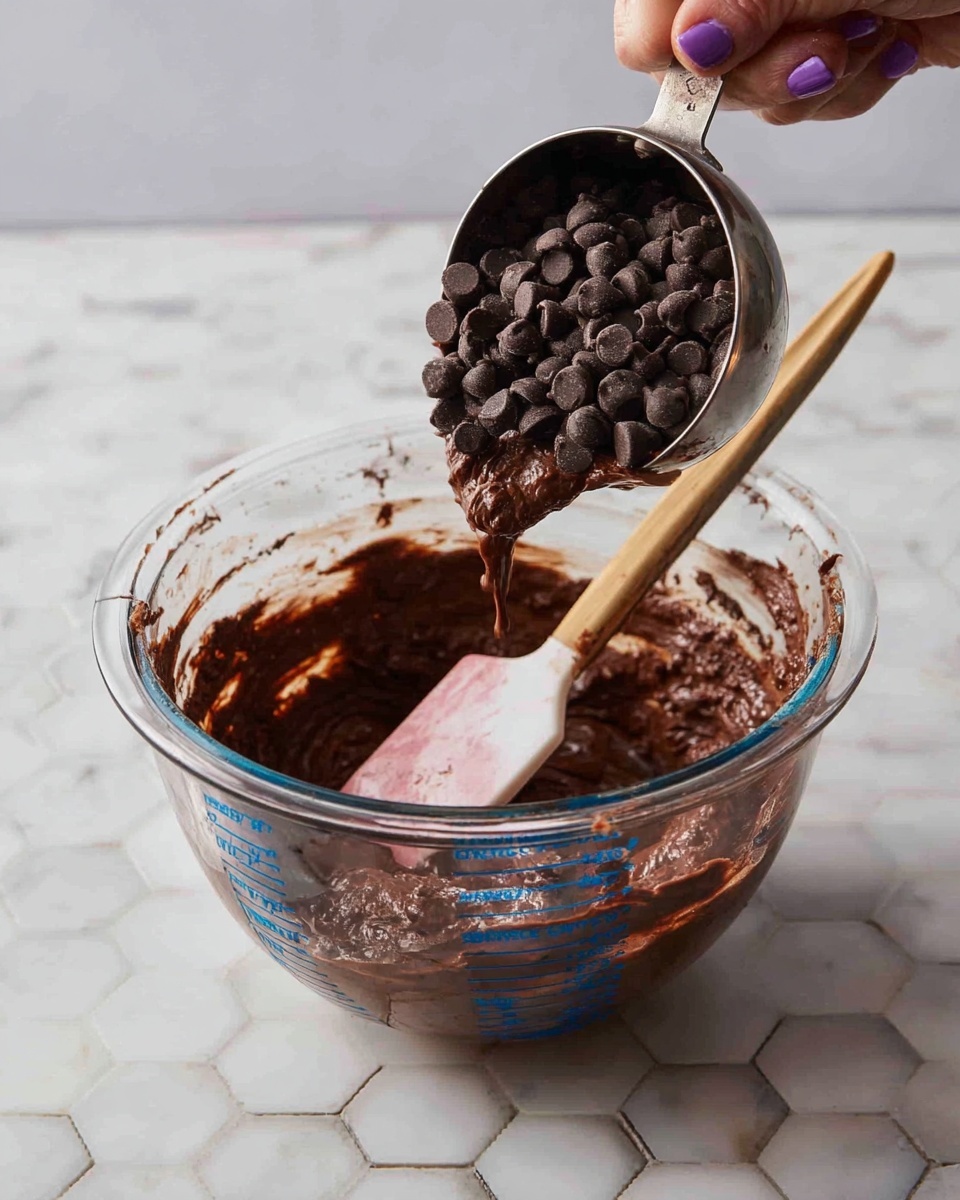 A clear glass measuring cup with visible blue markings contains thick, dark brown chocolate batter. On top of the batter, dark chocolate chips are being poured from a silver cup held by a woman's hand with purple nail polish. Inside the measuring cup, a white spatula with some pink color on its edge rests mixing the batter. The scene is on a white marbled surface with hexagonal tile patterns in the background. The photo taken with an iphone --ar 4:5 --v 7