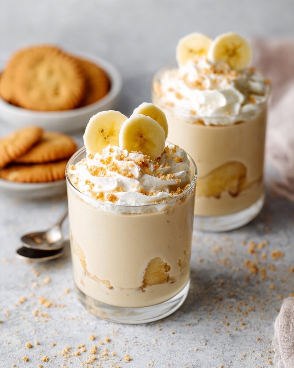 Two clear glass cups hold a creamy beige dessert with visible banana slices pressed against the inside of each glass. Each cup has a top layer of fluffy white whipped cream, sprinkled with light brown crumbs, and garnished with round banana slices standing upright in the whipped cream. The glasses sit on a light gray textured surface with a bowl of golden brown cookies blurred in the background on the left, and a shiny spoon lies nearby. The scene is soft and bright, with a cozy and fresh vibe. Photo taken with an iphone --ar 4:5 --v 7