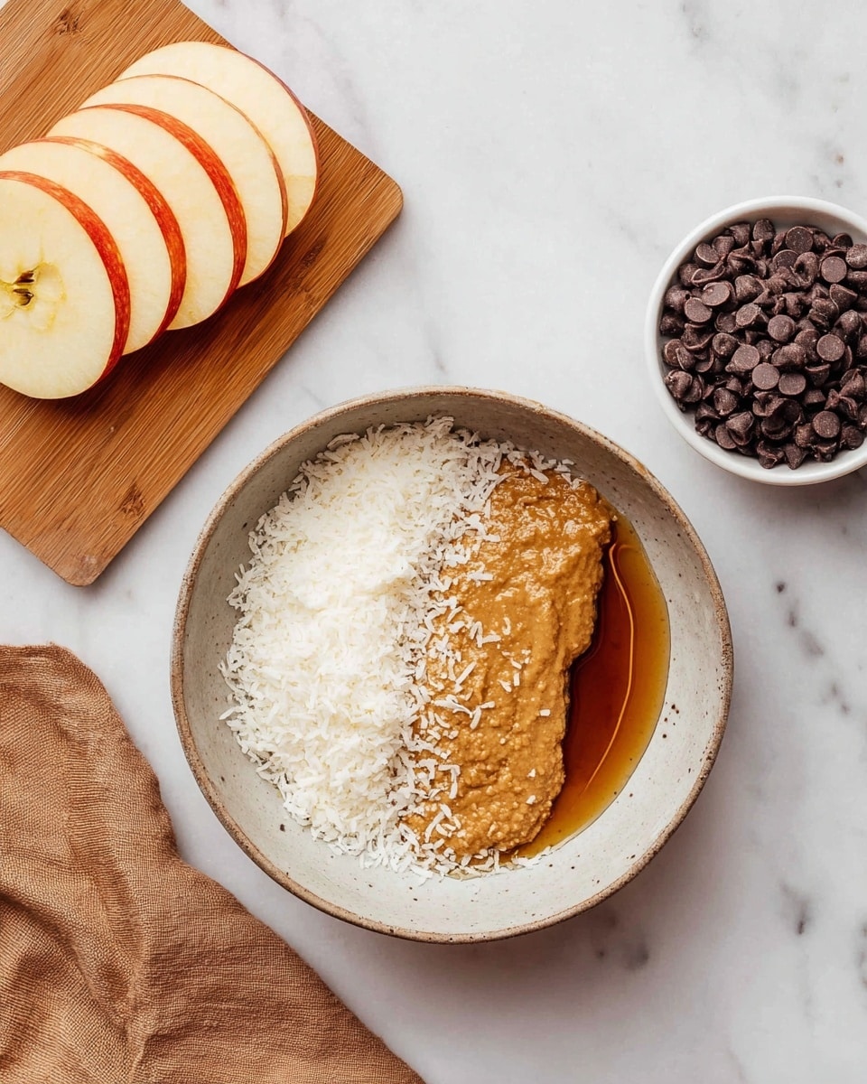 A bowl with three layers inside: white shredded coconut on the left, brown almond butter on the right, and a small amount of amber honey below the coconut. To the left, there is a wooden board with three apple slices showing their light yellow flesh and red skin edges. On the right, a white bowl holds dark brown chocolate chips. The scene is set on a white marbled surface with a light brown cloth in the bottom left corner. photo taken with an iphone --ar 4:5 --v 7