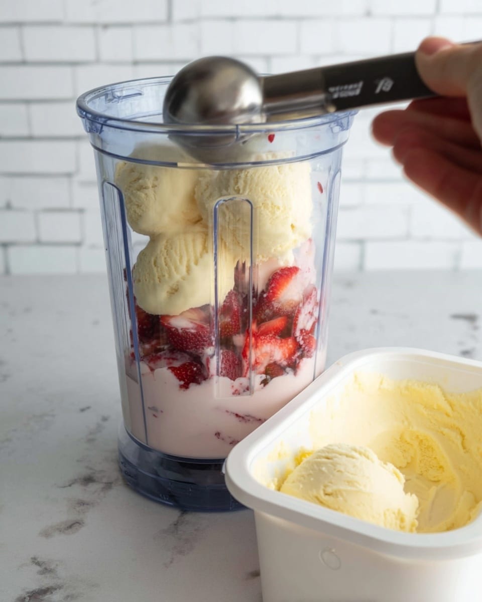 A clear blender jar filled with three visible layers: the bottom layer is light pink liquid, probably milk, the middle layer consists of red strawberries, and the top layer has scoops of pale yellow ice cream. In the foreground, a white container with pale yellow ice cream is partly visible, with a woman's hand holding a metal ice cream scoop. The setting has a white marbled surface and a white brick wall background. Photo taken with an iphone --ar 4:5 --v 7
