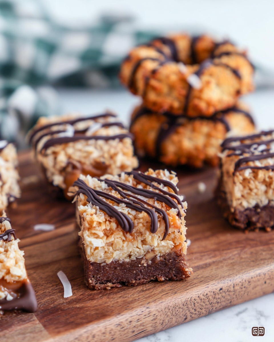 The image shows a close-up of a wooden board with two types of desserts on it. In the front, there are square bars with three layers: a dark brown, moist-looking base, a thick top layer of shredded light brown coconut mixed with caramel, and thin dark chocolate stripes drizzled diagonally on top. Behind these bars, there is a small stack of dark chocolate-covered ring-shaped cookies, each covered in a crunchy golden-brown toasted coconut layer. The background surface is a white marbled texture with a blurred checkered cloth in soft focus. Photo taken with an iphone --ar 4:5 --v 7