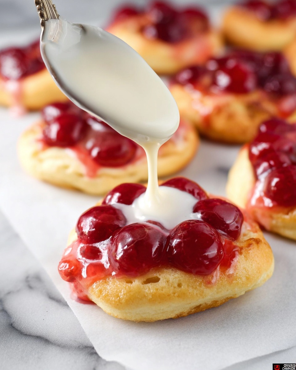 This image shows small, round pastries with a golden, slightly puffy base. On top of each pastry is a shiny, red cherry topping filled with whole cherries and jelly-like sauce. A spoon is pouring smooth, creamy white icing over the cherry topping of one pastry in the center. The pastries rest on white parchment paper with a white marbled texture underneath. The focus is on the pastry being iced, with other pastries blurred softly around it. photo taken with an iphone --ar 4:5 --v 7