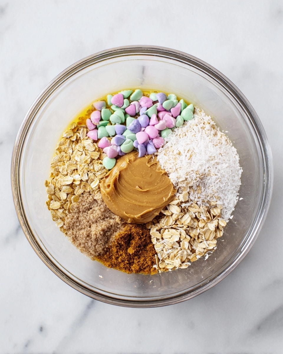 A clear glass bowl sits on a white marbled surface filled with seven visible layers arranged separately: golden honey in the bottom left, topped with smooth, light brown peanut butter above it; next to the peanut butter is a pile of small pastel-colored candy-coated chocolate pieces with some broken shells; to the right of the candies is a light brown ground flaxseed layer with a powdery texture; next to flaxseed is a heap of beige rolled oats with a rough texture; above the oats is white shredded coconut, fluffy and fine; sitting partially under the coconut and honey is a small pile of light tan wheat flakes. photo taken with an iphone --ar 4:5 --v 7
