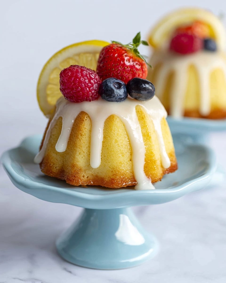 Mini Lemon Bundt Cakes Recipe 6 A small yellow bundt cake sits on a light blue cake stand with a smooth finish. The cake is topped with thick white icing that drips down the sides in uneven streams. On top of the icing are fresh fruits: a bright red strawberry with a green top, a deep red raspberry, a small dark blue blueberry, and a thin slice of lemon with bright yellow peel and pale juicy inside. The background shows a second similar cake out of focus, all placed on a white marbled surface. photo taken with an iphone --ar 4:5 --v 7