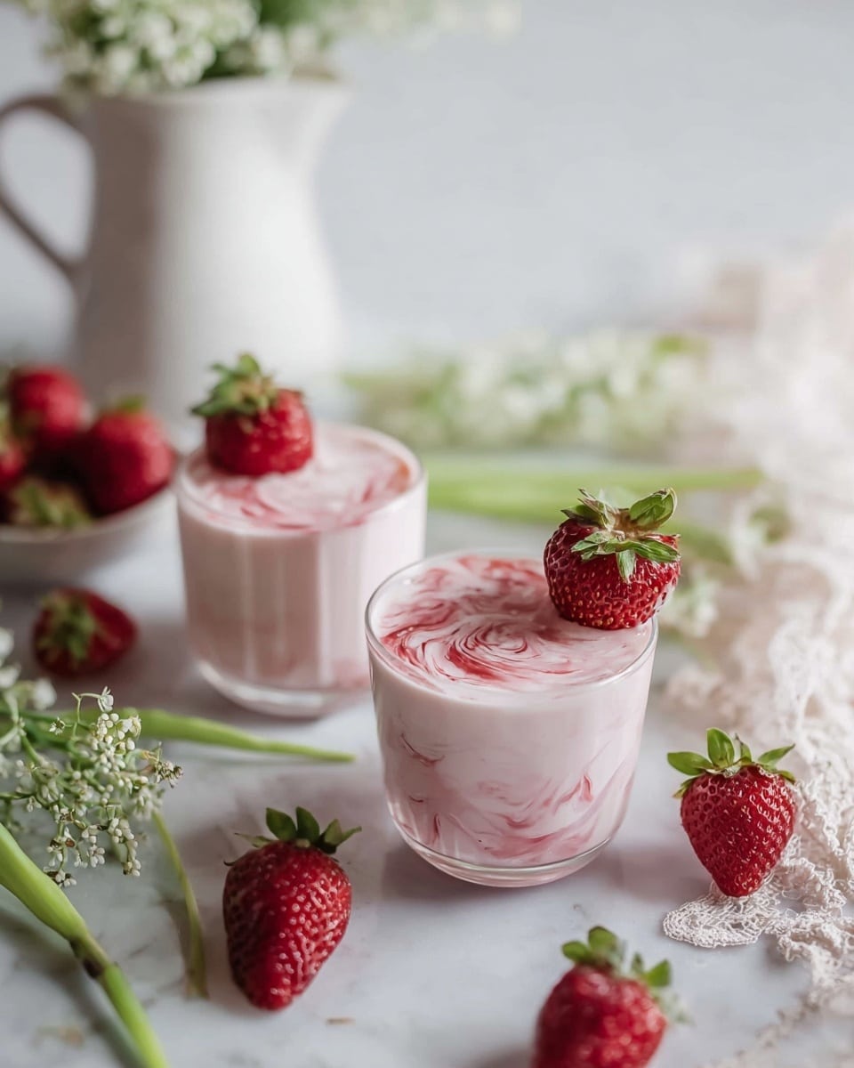 The image shows two short clear glasses filled with a smooth pink yogurt drink that has red swirls mixed on top. Each glass is decorated with a fresh whole red strawberry with green leaves placed on the rim. The glasses sit on a white marbled surface with fresh whole strawberries and green leaves scattered around and a piece of lace fabric on the side. In the softly blurred background, there is a white pitcher with small white flowers in it. photo taken with an iphone --ar 4:5 --v 7
