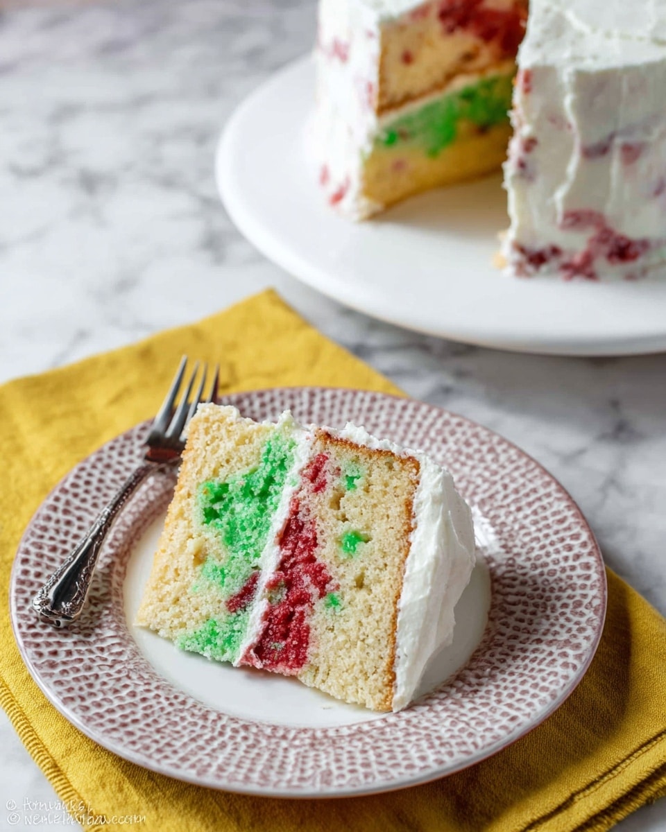 The image shows a slice of a two-layer cake on a white patterned plate, placed on a white marbled surface. The cake slice has two vertical halves: the left half is light tan with red spots, and the right half is light tan with green spots. The slice is covered in white frosting on the outside, with a thick white layer separating the two colored halves inside. Behind the slice, the main cake on a white plate has the same two-layer design and white frosting covering, with a part missing where the slice was taken out. A fork rests on a yellow cloth napkin next to the plate. Photo taken with an iphone --ar 4:5 --v 7