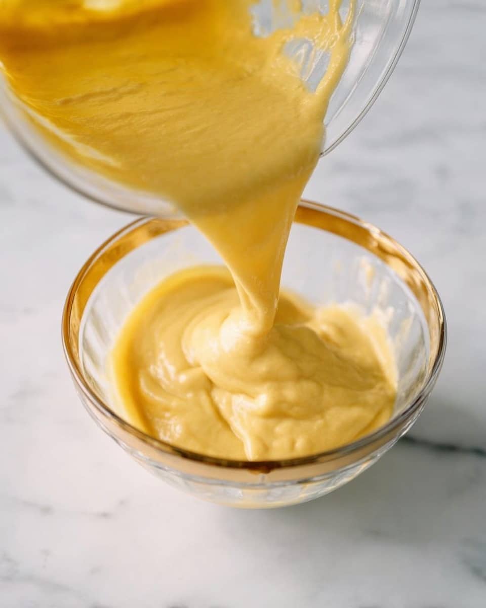 A transparent bowl with a light gold rim is placed on a white marbled surface. Inside the bowl, a thick, creamy yellow mixture with a smooth yet slightly textured surface is being poured from a clear blender positioned above it. The mixture forms soft folds as it flows and settles at the bottom layer of the bowl, creating a sense of movement and consistency. The background remains softly blurred, focusing attention on the action of pouring and the rich yellow color of the mixture. photo taken with an iphone --ar 4:5 --v 7