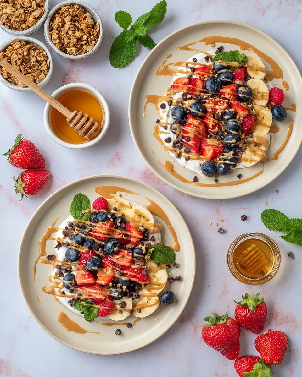 Two white plates are placed side by side on a white marbled surface. Each plate has three banana slices arranged across the middle. On top of the bananas, there is a mix of strawberries, blueberries, and raspberries scattered evenly. The left plate has thin lines of brown nut butter drizzled over the fruit. The right plate also has the brown drizzle, but it is covered with a layer of granola and small chocolate pieces. The colorful fruits and crunchy granola contrast with the pale bananas and the light, speckled texture of the plates. Photo taken with an iphone --ar 4:5 --v 7