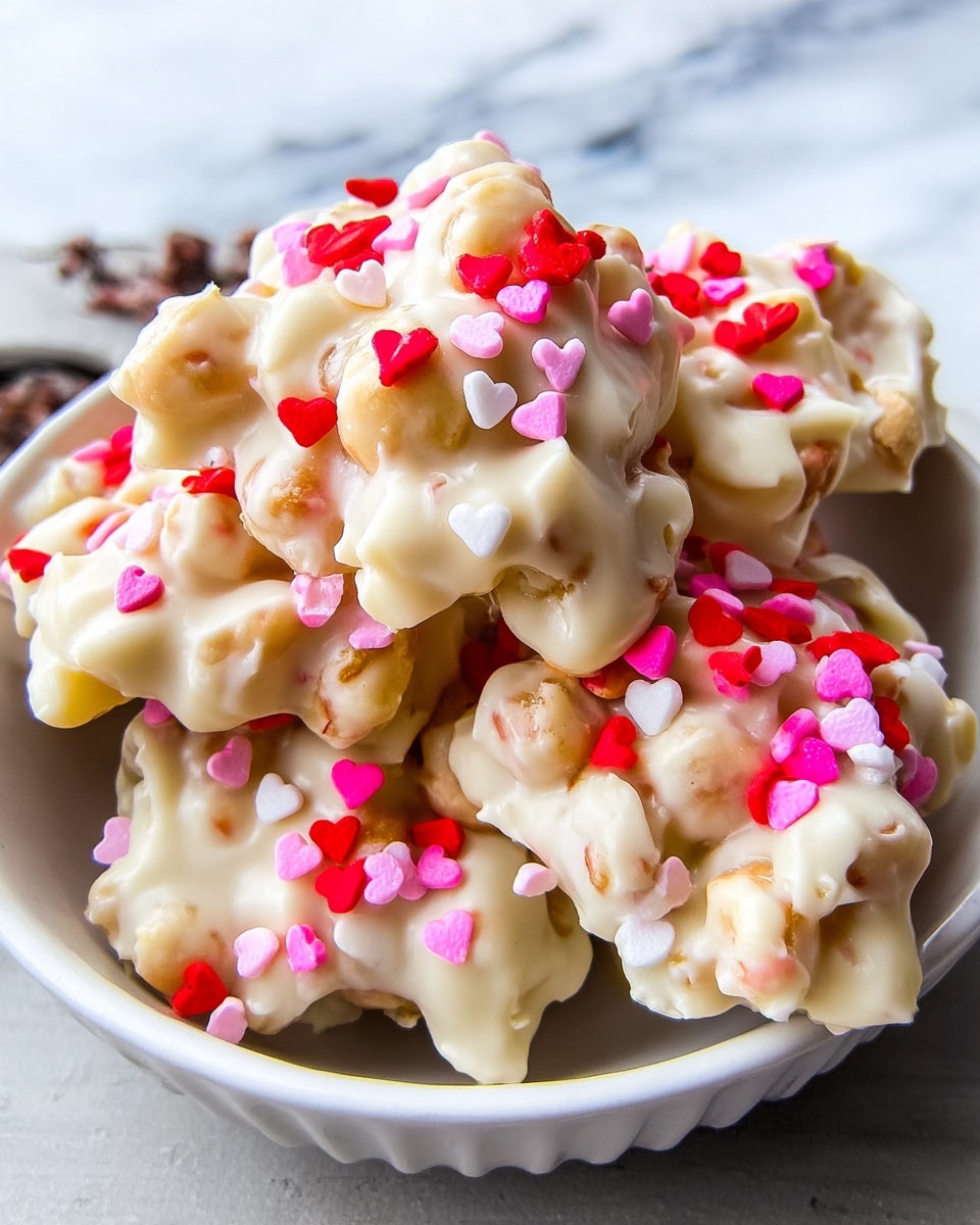 A close-up view of white chocolate clusters stacked on each other in a white bowl, each cluster made up of nuts covered in smooth, creamy white chocolate. The clusters are decorated with small red, pink, and white heart-shaped sprinkles, adding bright pops of color on top. The bowl sits on a surface with a white marbled texture. Photo taken with an iphone --ar 4:5 --v 7
