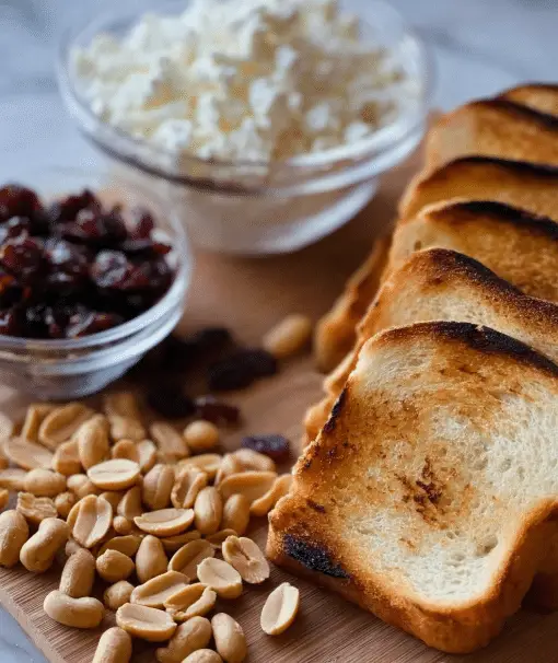 The image shows a close-up of toasted white bread slices lined up diagonally, with light browning and some darker char spots on the edges. In the foreground, there is a pile of light beige peanuts with smooth texture, and behind the bread, there are scattered dark red dried cranberries. A clear glass bowl filled with crumbly white cheese is placed in the background on a wooden surface, all set on a white marbled texture. Photo taken with an iphone --ar 4:5 --v 7