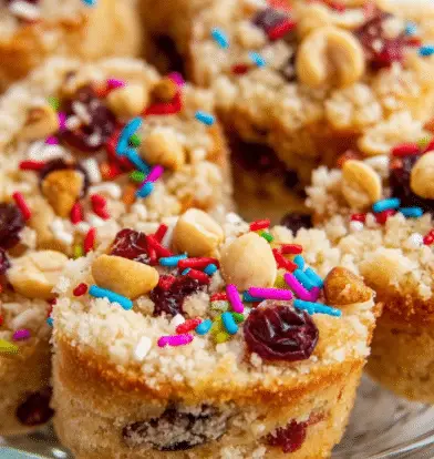 A close-up view of small round toasted cakes layered with a crumbly topping that looks pale beige in color. Each cake has dried red cranberries and whole light tan peanuts scattered on top, along with colorful rainbow sprinkles adding bright reds, blues, pinks, purples, and greens. The cakes sit inside a clear glass bowl with a smooth edge, placed on a white marbled surface. The texture of the cakes appears soft and slightly rough on the sides, with the topping looking crunchy and crumbly. Photo taken with an iphone --ar 4:5 --v 7