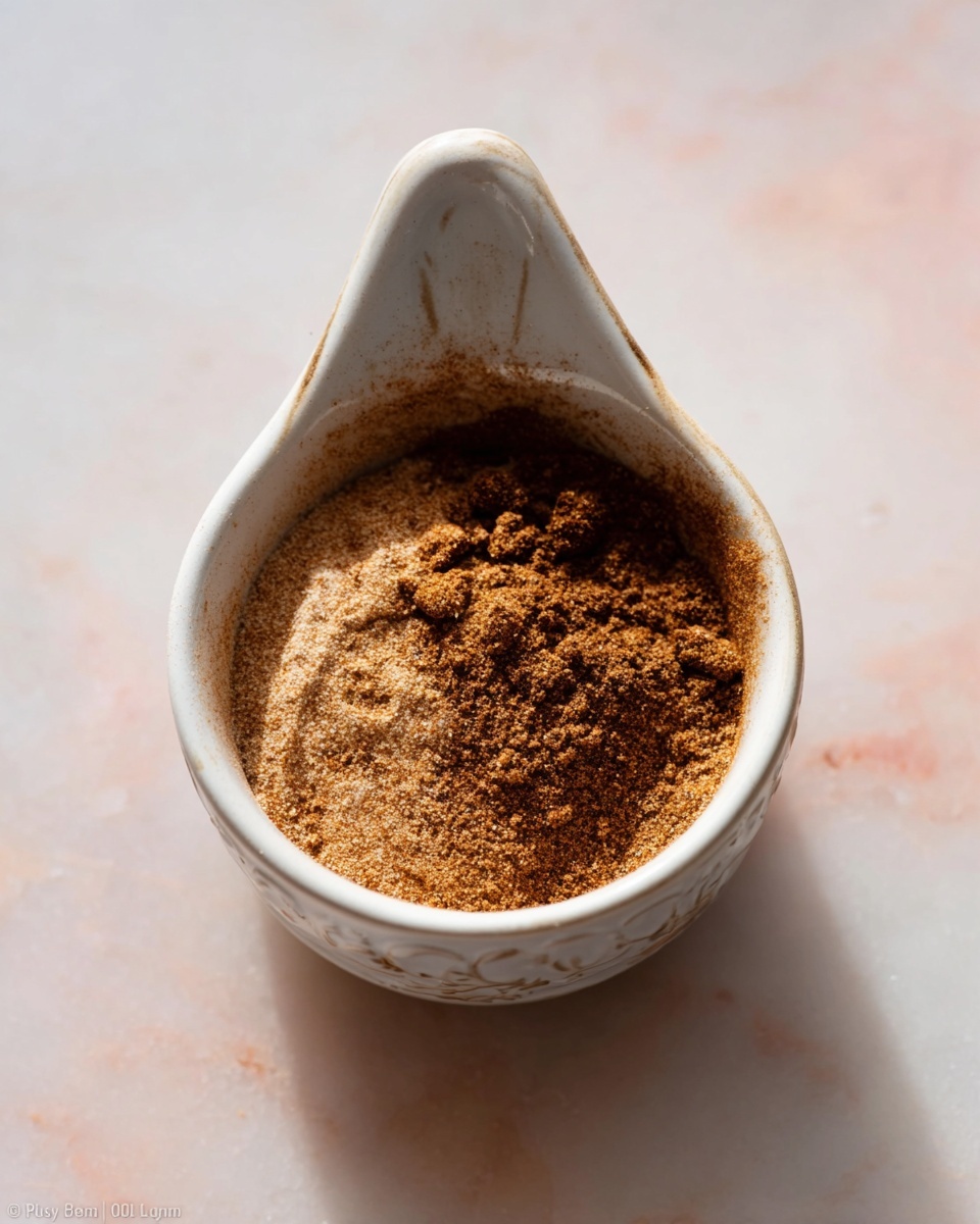 A small white ceramic bowl with a handle is filled with a mix of brown spices that vary in shade from light tan to dark brown. The spices inside the bowl have a dry, powdery texture with some clumps. The bowl is placed on a white marbled surface with soft natural light illuminating the scene, showing a clear contrast between the bowl’s white color and the rich brown spices. photo taken with an iphone --ar 4:5 --v 7