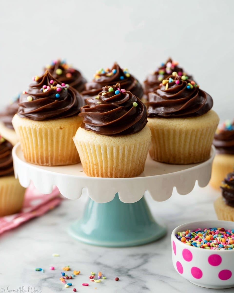 The image shows six cupcakes arranged in two rows on a white cake stand with a scalloped edge. Each cupcake has two layers: the base layer is a pale yellow cake with a slightly textured surface, and the top layer is thick, glossy dark brown chocolate frosting swirled in a spiral that reaches a peak in the center. The frosting is decorated with small, round brightly colored confetti sprinkles scattered unevenly on top. The scene is set on a white marbled surface with more scattered confetti sprinkles and a small white bowl with large pink dots filled with the same colorful confetti on the right side. The background is plain white. photo taken with an iphone --ar 4:5 --v 7
