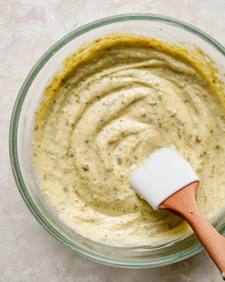 A close-up view of a glass bowl filled with a thick, creamy batter that is pale yellow with small green and brown specks mixed throughout. The texture looks slightly grainy but smooth, showing swirled patterns on the surface. A white spatula with a wooden handle is partially dipped into the batter, resting on the right side of the bowl. The bowl sits on a white marbled texture that fills the background. photo taken with an iphone --ar 4:5 --v 7