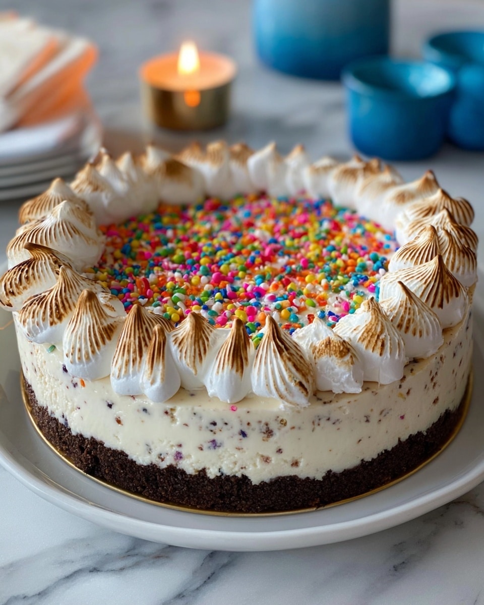 A slice of pie with three layers sits on a white plate with a green rim, placed on a white marbled surface. The bottom layer is dark brown and crumbly, acting as the crust. Above the crust is a thick, creamy white layer that looks soft and smooth. The top layer is decorated with many small, round, colorful candy sprinkles that drip slightly into the white cream below, creating rainbow streaks. At the back edge of the slice, there are four dollops of lightly toasted white marshmallow, adding a fluffy texture to the top. Photo taken with an iphone --ar 4:5 --v 7