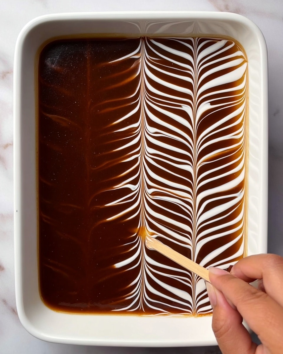 The image shows a white rectangular dish filled with a smooth, dark brown sauce layer on top. Over the dark brown sauce, there is a thin layer of white cream or sauce done in two distinct patterns. On the right side of the dish, the white cream is drawn in evenly spaced horizontal lines from one edge to the other. On the left side, the white lines are dragged vertically with small curves forming a leaf-like pattern repeatedly across the surface. A woman's hand is holding a toothpick or small stick, gently pulling lines on the right side to create the leaf pattern. The dish is placed on a white marbled surface. photo taken with an iphone --ar 4:5 --v 7