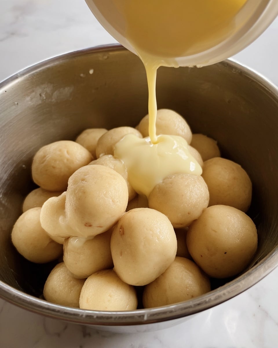 A close-up image showing a silver metal bowl filled with round, pale beige dough balls. A creamy yellow sauce is being poured over the dough balls from a small white container held above the bowl. The background is a white marbled surface. photo taken with an iphone --ar 4:5 --v 7