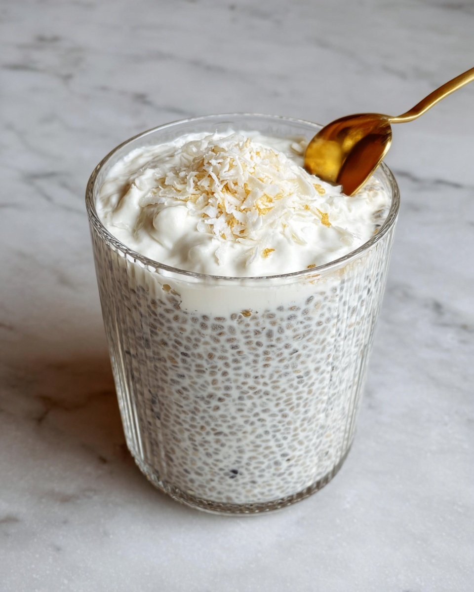 A clear glass cup filled mostly with a thick white chia seed pudding showing hundreds of tiny black chia seeds evenly spread through the creamy white base. The top layer is a dollop of smooth white cream sprinkled generously with fine white coconut flakes. A shiny golden spoon rests on the side of the glass. The cup is placed on a white marbled surface. Photo taken with an iphone --ar 4:5 --v 7