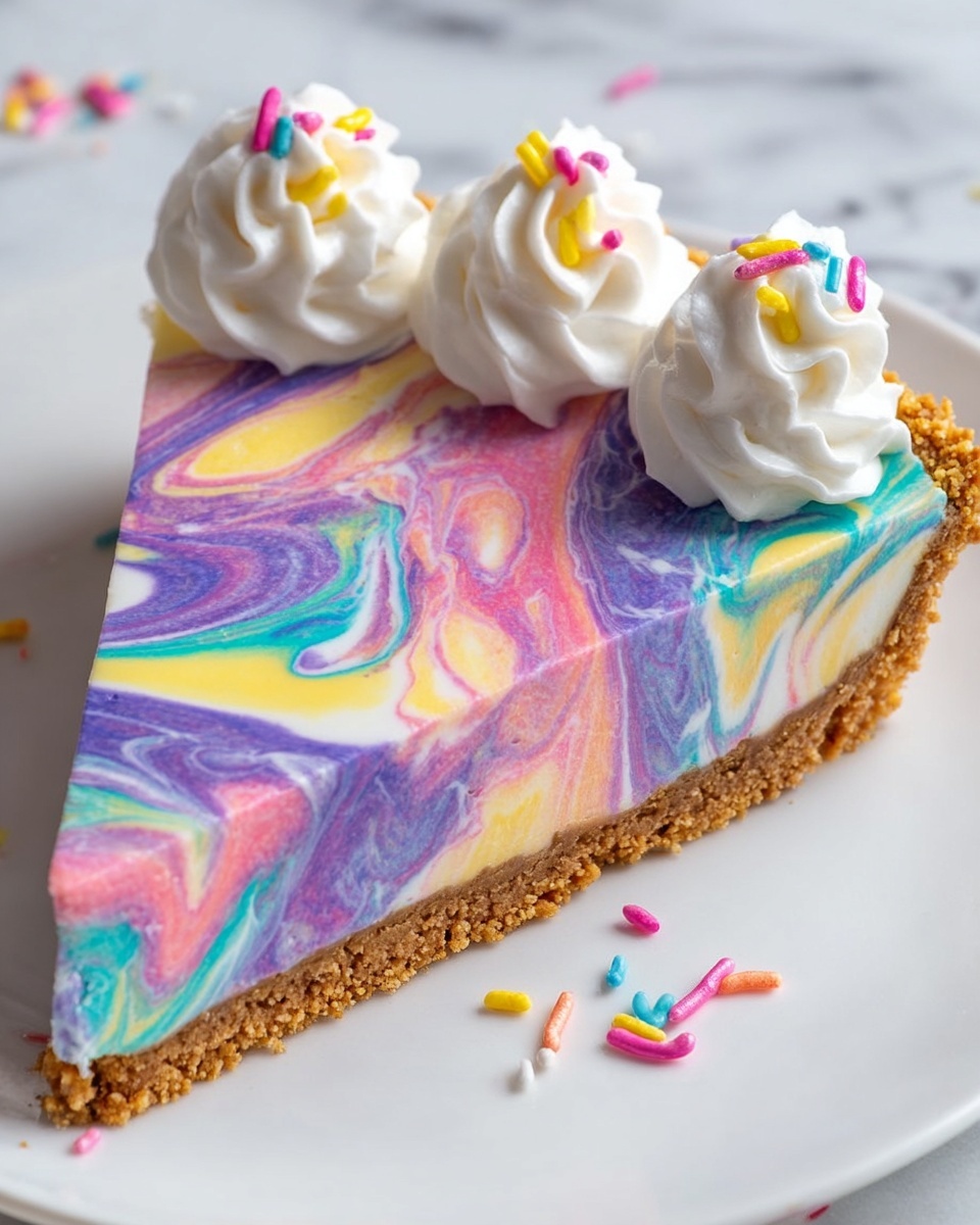 A slice of pie with a crumbly brown crust at the bottom, topped with a smooth creamy layer that has bright swirls of pink, purple, blue, yellow, and white creating a marbled effect. On the edge of the slice, there are three white whipped cream dollops decorated with thin yellow, pink, and blue sprinkles. The slice is on a white plate sitting on a white marbled surface. The pie is cut out neatly, showing the colorful top layer and thick crust underneath. Photo taken with an iphone --ar 4:5 --v 7