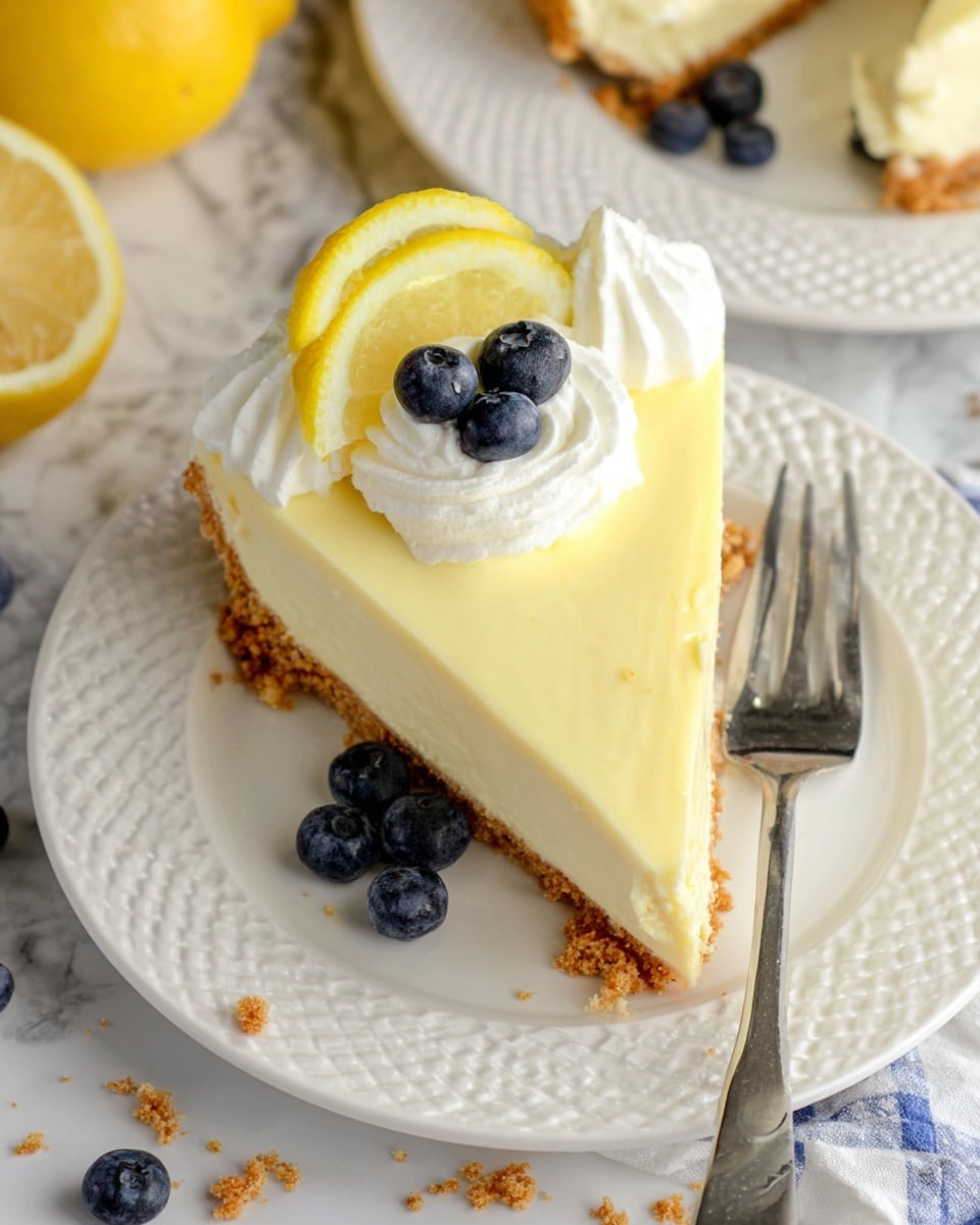 A slice of lemon cheesecake is shown on a white plate with a woven pattern. The cheesecake has three layers: a crumbly light brown crust at the bottom, a thick smooth pale yellow lemon cream layer in the middle, and a small swirl of white whipped cream on top. The whipped cream is decorated with two fresh dark blue blueberries and a thin lemon wedge. Around the plate, there are a few more blueberries and crumbs scattered. A silver fork rests beside the plate on a white marbled surface, with part of a second plate and a yellow lemon cut visible in the background. Photo taken with an iphone --ar 4:5 --v 7