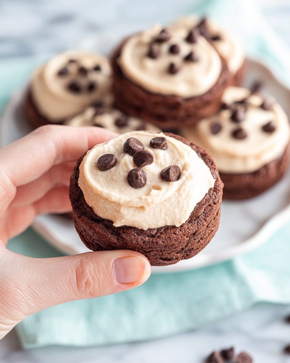 A close-up view of a dark brown chocolate cookie held between the thumb and forefinger of a woman's hand, showing one thick layer of light beige cream frosting on top, decorated with several small dark chocolate chips scattered on the frosting; in the background, more cookies with the same frosting and chocolate chips sit on a white plate, all placed on a white marbled surface with a light blue cloth slightly visible. photo taken with an iphone --ar 4:5 --v 7