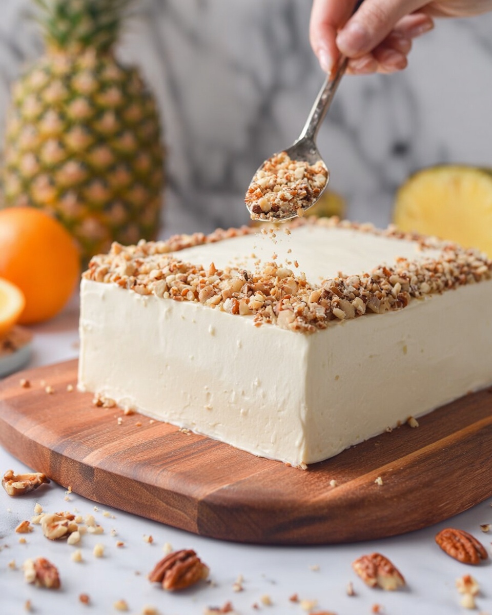 A square-shaped cake with smooth, creamy white frosting covering all sides and top, sitting on a wooden board. The top edge of the cake is decorated with a border of crushed nuts that are light brown with some darker brown pieces. A spoon held by a woman's hand sprinkles more crushed nuts along the top edge. Some nuts are scattered on the wooden board and white marbled surface around the cake. In the background, there are blurred pineapples and an orange fruit. Photo taken with an iphone --ar 4:5 --v 7