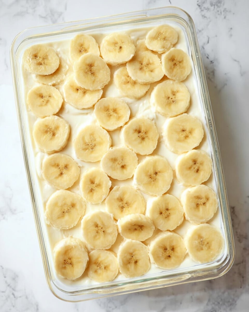 A clear rectangular glass dish filled with a smooth, creamy white layer topped with a neat, single layer of round, light yellow banana slices evenly covering the surface. The dish is placed on a white marbled texture surface. The bananas have a slightly translucent look with visible dark spots in the center. photo taken with an iphone --ar 4:5 --v 7