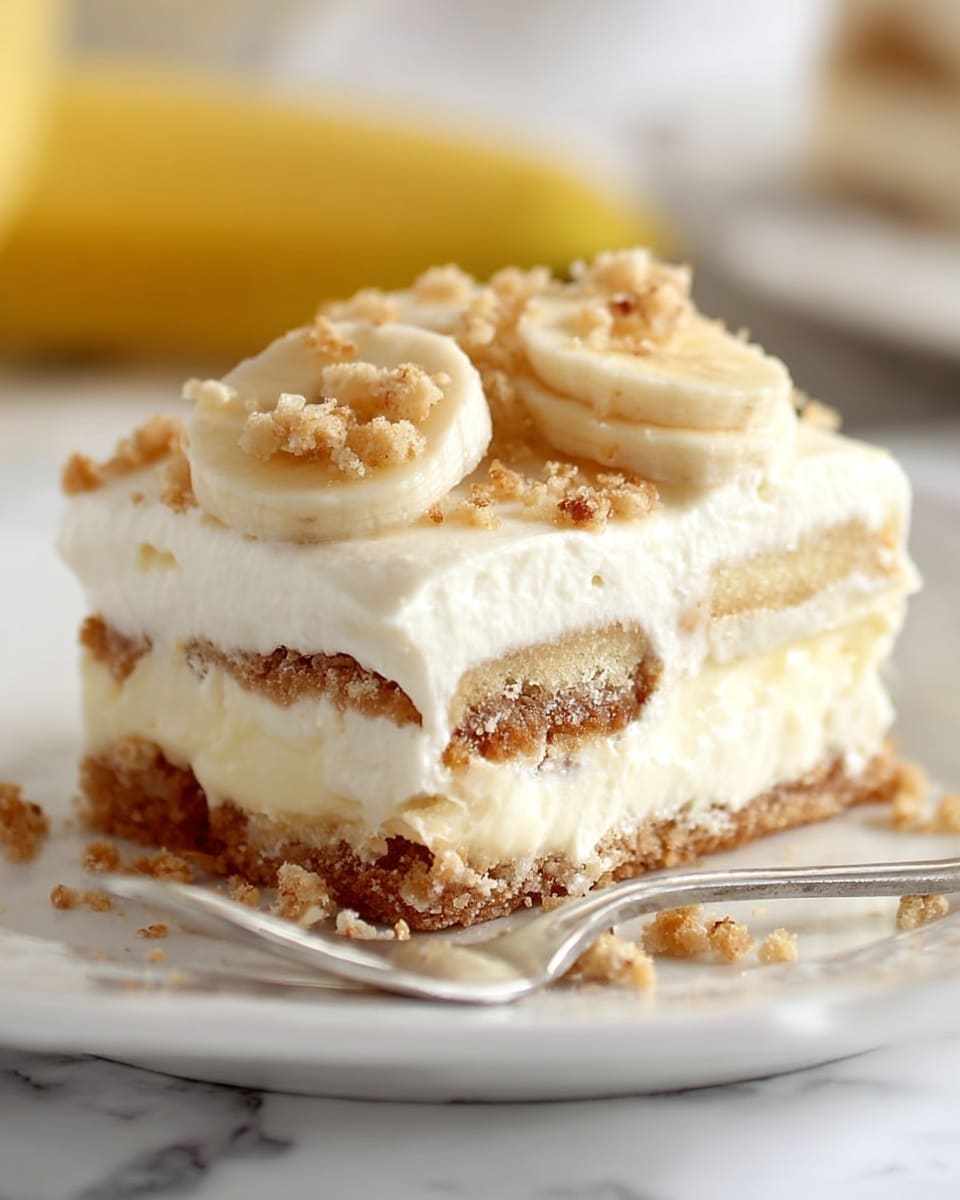 The image shows a close-up of a creamy layered dessert with four distinct layers on a white plate placed on a white marbled surface. The bottom layer is a crumbly, light brown base, followed by a thick, smooth white cream layer. Above that is a soft biscuit-like layer with a slightly golden color, topped again by a thick creamy layer that looks smooth and soft. The topmost layer is garnished with sliced bananas and small crumbled pieces of the biscuit. A silver fork rests next to the dessert, and a blurred yellow banana is visible in the background. Photo taken with an iphone --ar 4:5 --v 7