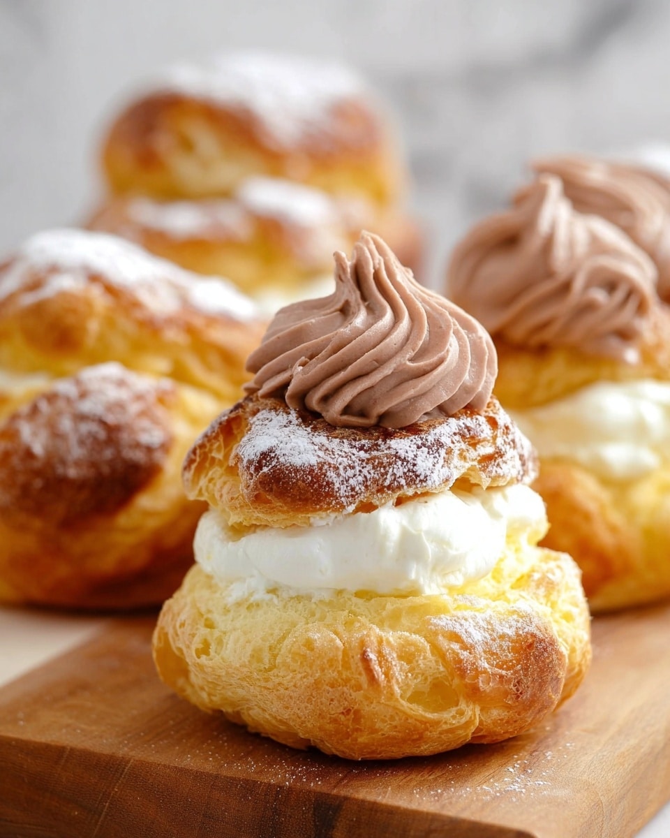 The image shows a close-up of several cream puffs with a golden-brown puff pastry base that is slightly cracked and dusted with powdered sugar. Each puff is split horizontally, revealing a layer of white cream filling inside. On top of each puff, there is a thick dollop of light brown chocolate cream with a smooth, swirled texture. The cream puffs rest on a wooden surface with a white marbled background behind them. Photo taken with an iphone --ar 4:5 --v 7