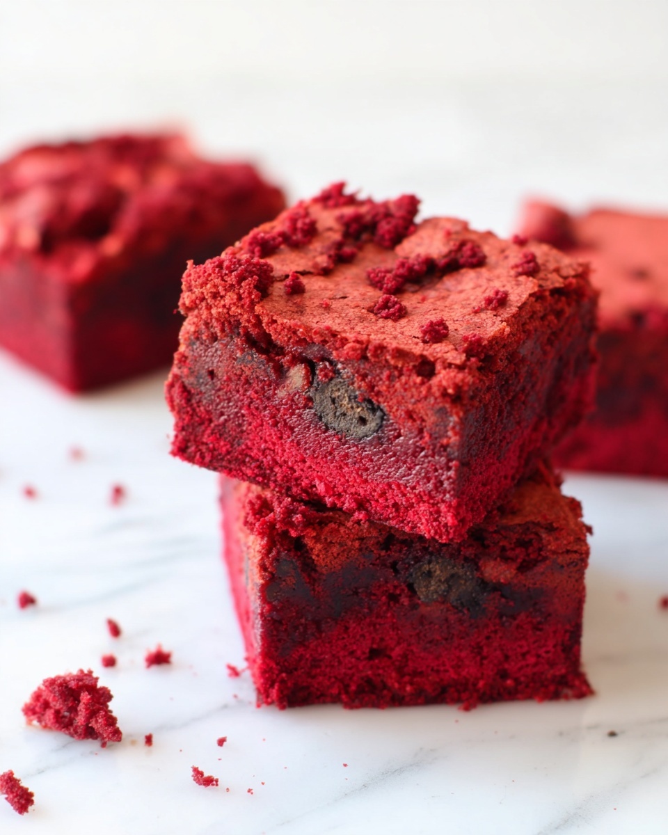 The image shows three bright red brownies with a thick, crumbly texture. Two brownies are stacked on top of each other in the front, showing three layers: a soft, dense bottom, a slightly lighter middle with small chocolate chunks inside, and a rough, crumbly top layer with a textured surface. The third brownie sits alone in the background, slightly blurred. Small crumbs of the red brownie are scattered on a white marbled surface around the pieces. Photo taken with an iphone --ar 4:5 --v 7
