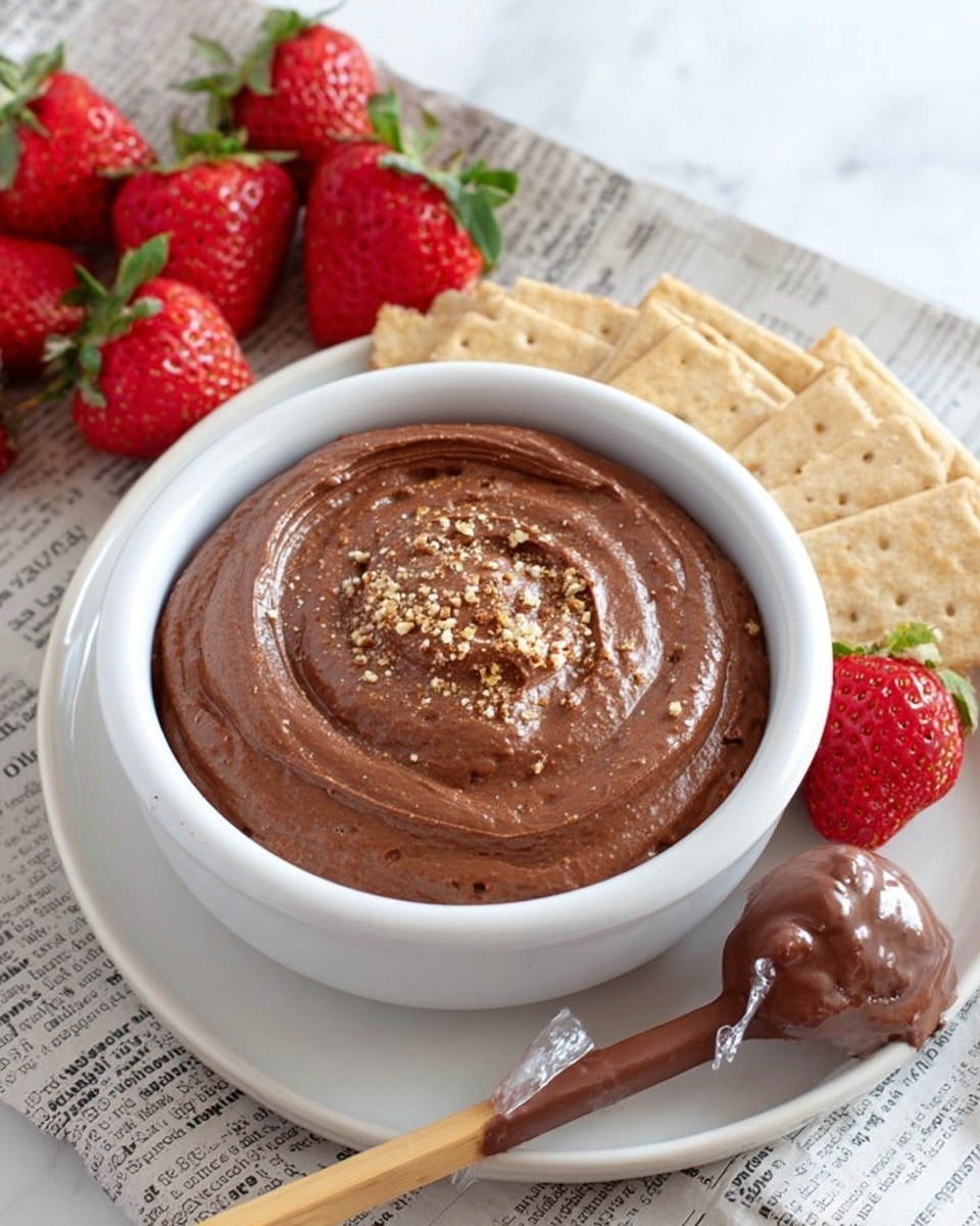 The image shows a white bowl filled with thick, smooth chocolate mousse with a swirl on top and a light sprinkle of crushed nuts. The bowl sits on a white plate that also holds several bright red strawberries with green leaves and a wooden stick smeared with chocolate placed on a white marbled surface covered with newspaper. To the side, there are light brown rectangular crackers partially wrapped in clear paper. The scene is bright and inviting. photo taken with an iphone --ar 4:5 --v 7