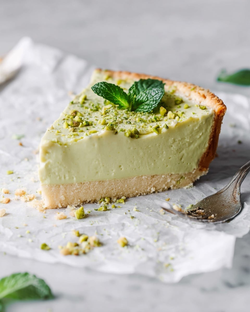 A slice of pie with two layers: a thick light beige crust at the bottom that looks crumbly, and a thick pale green creamy filling on top with a smooth texture. The top of the pie is adorned with fresh green mint leaves and small green crushed pieces scattered around. The slice is placed on white parchment paper over a white marbled surface. A small silver fork lies nearby with some crumbs around it. Photo taken with an iphone --ar 4:5 --v 7