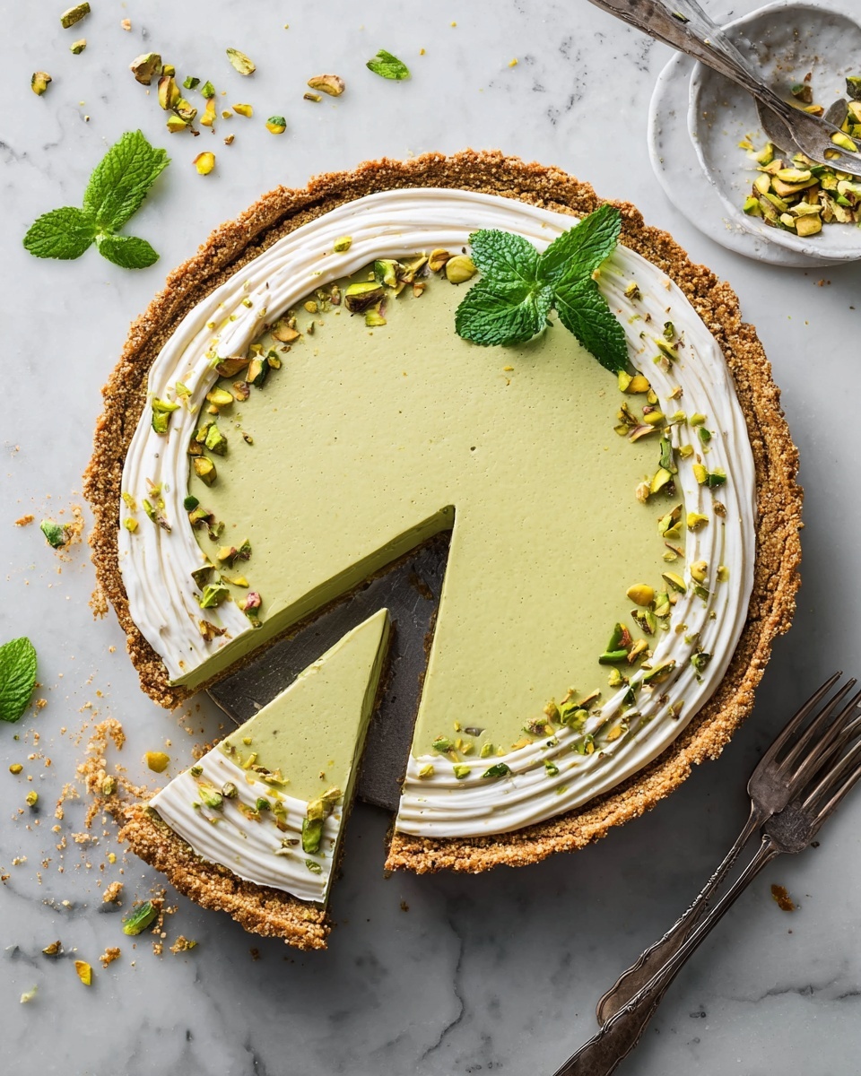 The image shows a single slice of light green tart resting on white parchment paper over a white marbled surface. The tart has three visible layers: a rough-textured, golden-brown crust with small green and yellow nut pieces at the bottom, a thick and smooth pale green filling in the middle, and a thin, creamy green layer on top. The top edge of the tart is decorated with a small layer of white cream and sprinkled with crushed green pistachio nuts. The whole tart is seen blurred in the background, and two silver forks lie in the lower right corner of the image. Photo taken with an iphone --ar 4:5 --v 7