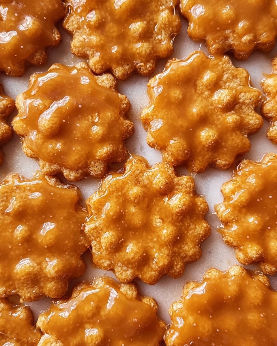 The image shows a close-up view of a single layer of small round crackers with scalloped edges, all coated evenly in a thick, shiny caramel-like sauce. The crackers are golden brown, with a textured surface visible beneath the sticky, smooth caramel layer that fills the gaps between them. The background that can be partly seen is a white marbled texture. photo taken with an iphone --ar 4:5 --v 7