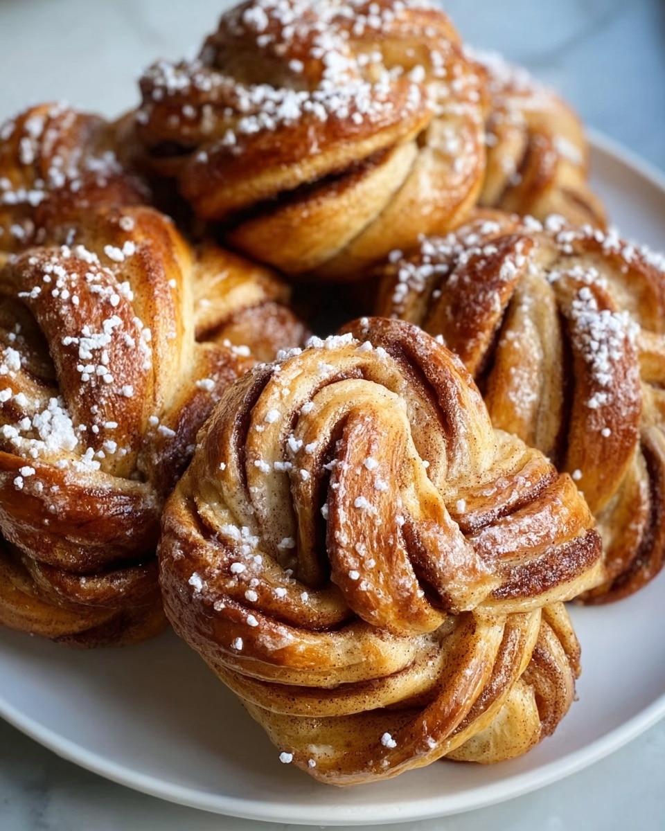 The image shows several twisted cinnamon buns with a rich golden brown outer layer that highlights the soft, lighter dough inside. Each bun has multiple visible layers, tightly folded and twisted, showing darker cinnamon-speckled swirls nestled between the folds. The buns are dusted lightly with white powdered sugar, giving a delicate snowy touch on top. They sit closely together on a white plate set on a white marbled surface, with a soft natural light creating gentle shadows that enhance the texture of the dough. photo taken with an iphone --ar 4:5 --v 7