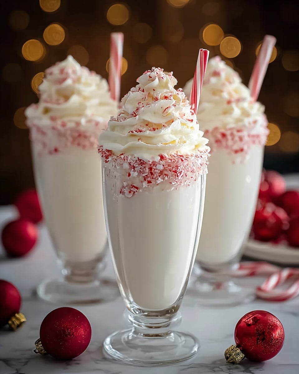 The image shows three tall clear glasses filled with a smooth white creamy drink as the first layer, topped with a thick swirl of white whipped cream that is sprinkled with red crushed candy bits as the second layer. Each glass has a red and white striped candy cane inserted into the whipped cream at the top center. The glasses are placed on a white marbled surface with red round holiday ornaments scattered around. The background is blurred brown with soft golden light spots, creating a warm cozy mood. photo taken with an iphone --ar 4:5 --v 7