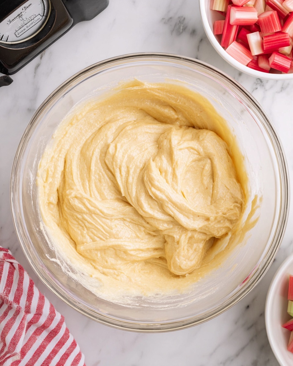 A clear glass bowl filled with creamy, smooth, pale yellow batter that has a thick texture with some soft peaks and swirls. The bowl is placed on a white marbled surface with part of a vintage black and silver kitchen scale visible in the upper left corner and a white bowl of chopped pink and light green rhubarb pieces just below it on the right, along with a red and white striped cloth at the bottom left. Photo taken with an iphone --ar 4:5 --v 7