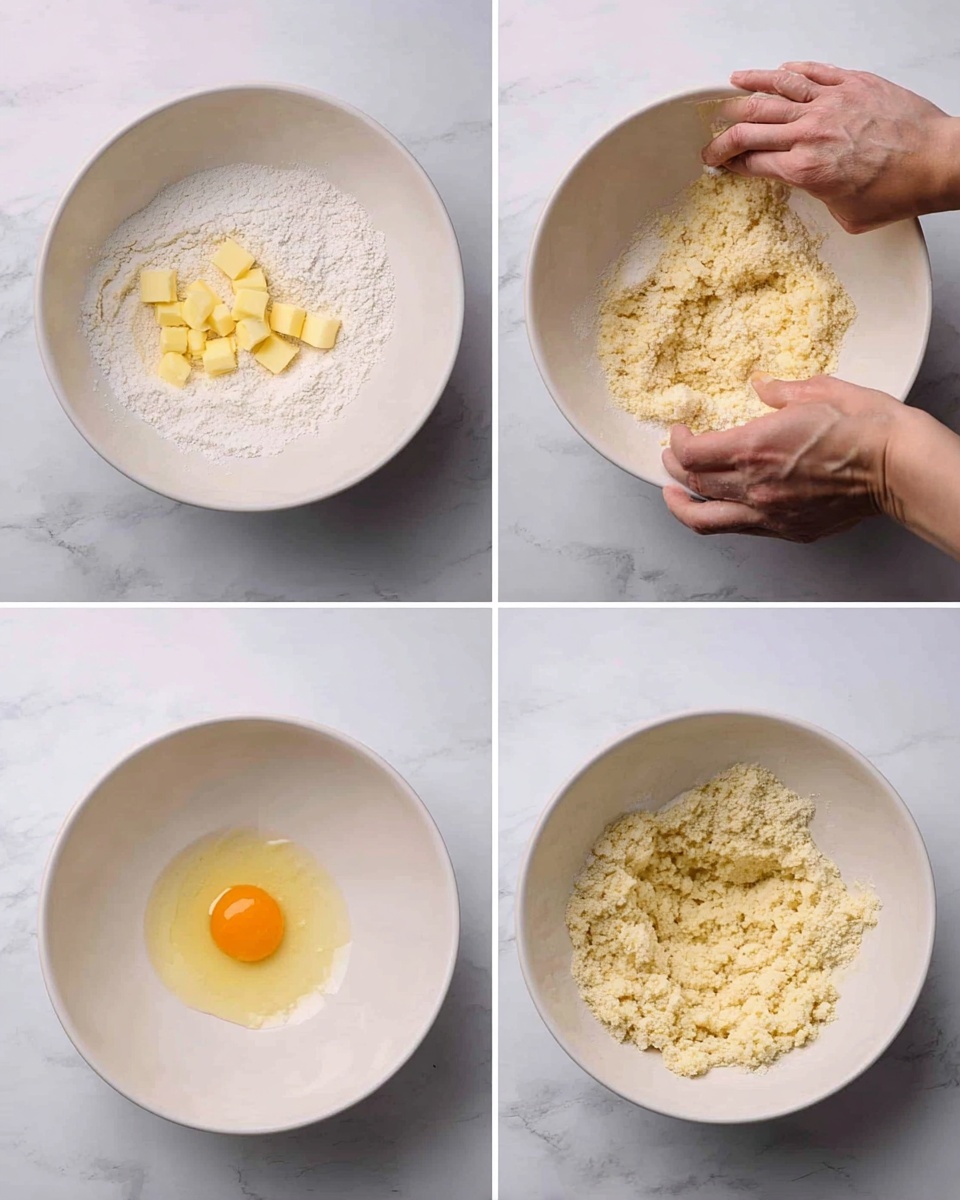 The image shows four steps of mixing ingredients in a large white bowl on a white marbled surface. The first section has white flour spread at the bottom with small yellow cubes of butter on top. The second section shows a woman's hands mixing the flour and butter, creating a crumbly texture with uneven clumps. The third section displays a more evenly mixed crumbly dough with a pale yellow color filling the bowl. The last section features the crumbly dough base with one raw egg yolk in the center sitting on top before being mixed. photo taken with an iphone --ar 4:5 --v 7