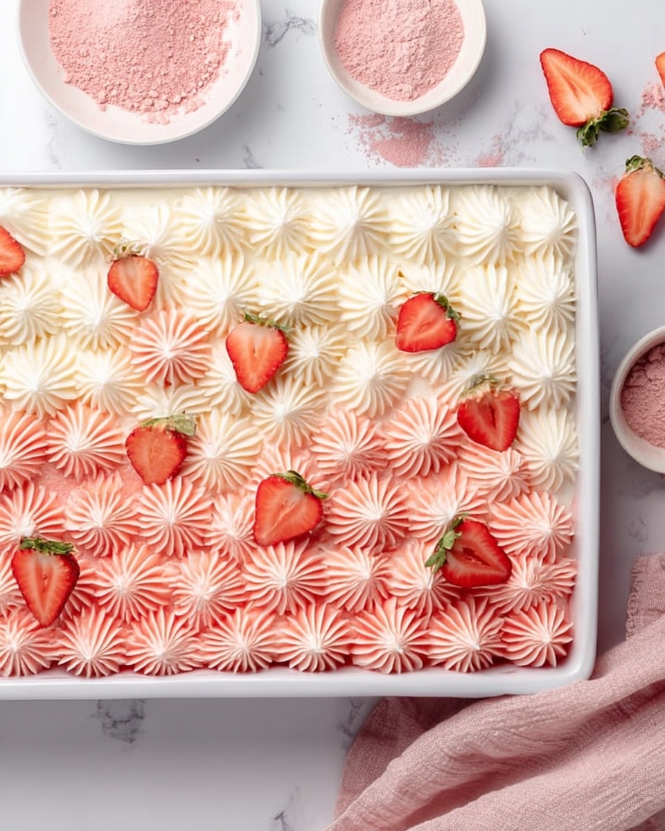 The image shows a rectangular white tray filled with a dessert topped with evenly spaced swirls of white cream. The cream swirls have a dusting of pink powder on top, giving a gradient effect from white to pink. On top of the cream swirls, there are four halved strawberries placed as decoration. The tray is placed on a white marbled surface with a light pink cloth nearby, along with small white bowls containing pink powder. Photo taken with an iphone --ar 4:5 --v 7