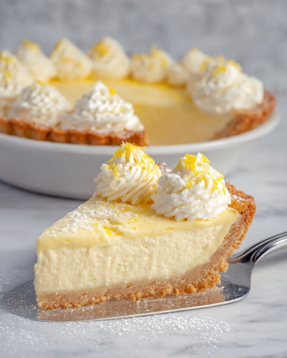 A slice of pie rests on a silver spatula in the foreground, showing three layers: a light golden brown crust at the bottom, a thick creamy pale yellow filling in the middle, and a smooth yellow topping layer. On top of the slice, there are two dollops of white whipped cream with a ridged texture, sprinkled with thin yellow zest. In the background, the whole pie sits in a white pie dish on a white marbled surface, with a golden crust edge dusted lightly with powdered sugar and topped with several piped dollops of white whipped cream and yellow zest. Photo taken with an iphone --ar 4:5 --v 7