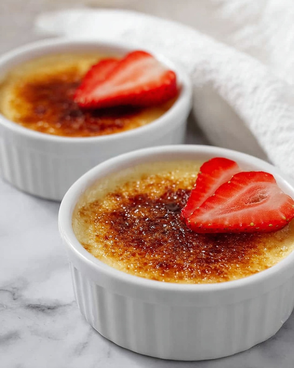 Two white ramekins sit on a white marbled surface, each filled with a creamy custard base with a smooth, golden caramelized sugar layer on top that has a slightly uneven brown texture. On each ramekin, there are two thin slices of bright red strawberry placed near the edge, adding a pop of color. The background is soft and blurred with a white cloth, making the desserts stand out clearly. photo taken with an iphone --ar 4:5 --v 7