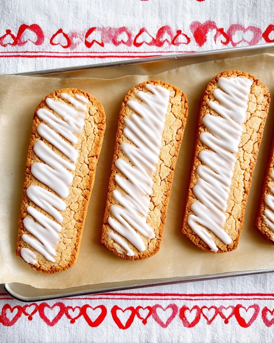 The image shows three long rectangular cookies with rounded ends placed side by side on a baking tray lined with light brown parchment paper. Each cookie has a base layer of golden-brown baked dough with a slightly rough texture and a top layer of smooth white icing. The icing forms a stripe down the center of each cookie, leaving the edges exposed. The cookies are neatly sliced diagonally into smaller pieces. Below the tray is a white cloth with a border of red hearts and small red patterns on a white marbled surface. photo taken with an iphone --ar 4:5 --v 7