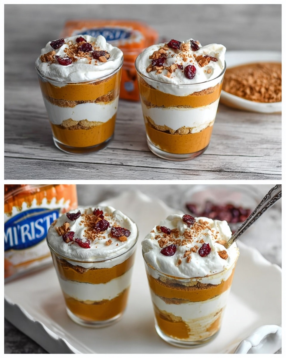 The image shows three white dessert cups filled with layered pumpkin pie trifle. Each cup has four visible layers starting with a bottom layer of smooth, orange pumpkin pie filling with a rich texture. Above that is a thick white layer of whipped topping, followed by another layer of pumpkin pie filling. The top layer is white whipped topping sprinkled with small brown bits and dried red cranberries for texture and color contrast. Long spoons are placed in each cup, ready for eating, and the cups sit on a white tray with raised edges. The background surface is white marble and a woman’s hand is gently holding one cup in some shots. photo taken with an iphone --ar 4:5 --v 7
