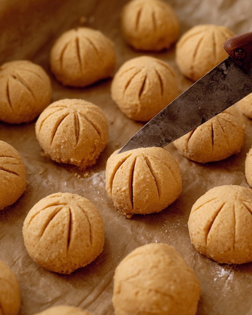 The image shows many small round dough balls with a light brown color placed on brown parchment paper. Each dough ball has six evenly spaced shallow cuts on top, making a pattern like a pumpkin. A large, slightly rusted knife with a wooden handle is gently touching one of the dough balls, positioned diagonally from top to bottom. The background surface is not visible beyond the parchment paper. photo taken with an iphone --ar 4:5 --v 7