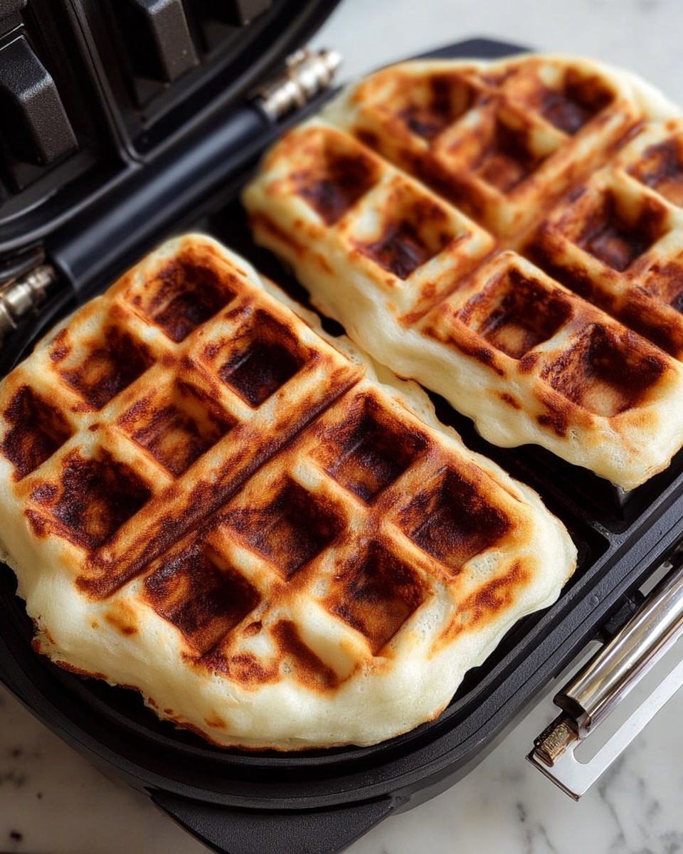 Two thick waffles are inside a black waffle maker on a white marbled surface. Each waffle has a golden brown top layer with square patterns, and some darker spots where the waffle is more cooked. The base of the waffles is white and soft looking, with a few fluffy edges peeking out from the waffle grid. The waffle maker's metal hinge and part of its control area are visible, focusing closely on the waffles. photo taken with an iphone --ar 4:5 --v 7