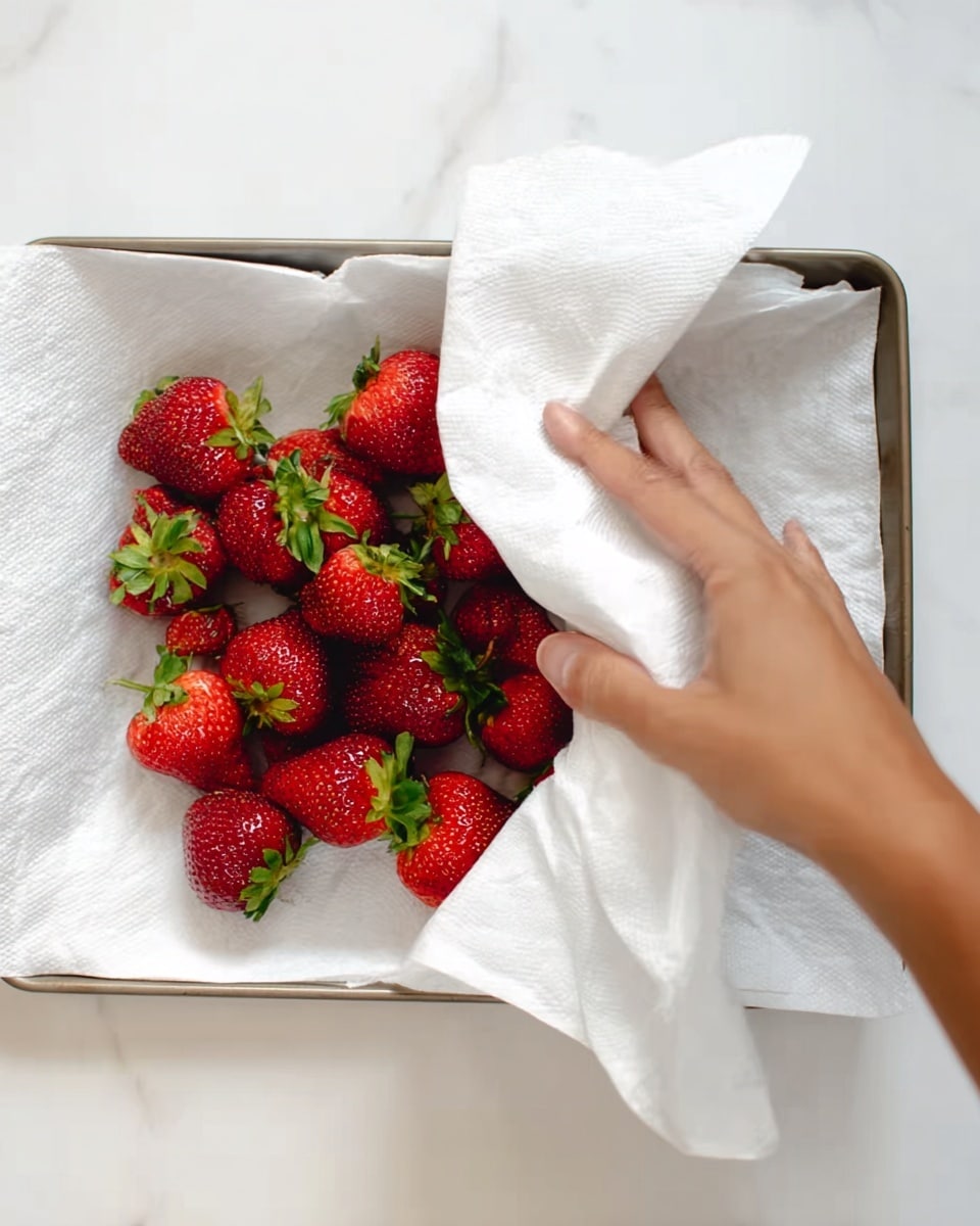 A woman’s hand lifts a white paper towel revealing a baking tray underneath that holds a single layer of fresh red strawberries with green leafy tops, all resting on white paper towels, placed on a white marbled surface. photo taken with an iphone --ar 4:5 --v 7
