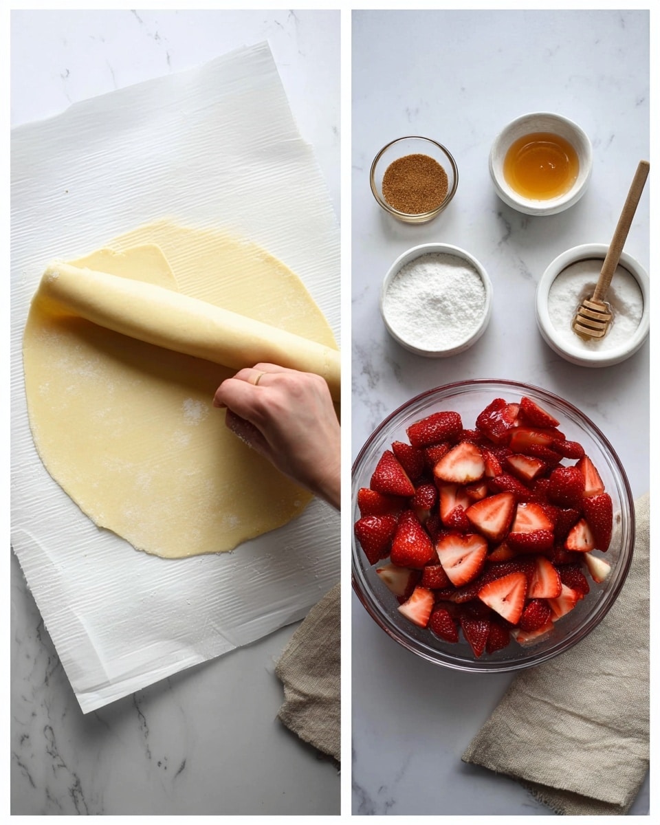 The left side shows a woman's hand gently lifting a thin, pale yellow dough sheet layered over a thinner, nearly white dough sheet on a piece of white parchment paper. The right side shows a clear glass bowl filled with halved, bright red strawberries with a spoon inside it, placed on a white marbled surface. Above the bowl, there are three small white bowls: one with golden honey and a wooden honey dipper, one with brown sugar, and one with white powdered sugar. A beige cloth napkin lies casually next to the bowls. photo taken with an iphone --ar 4:5 --v 7