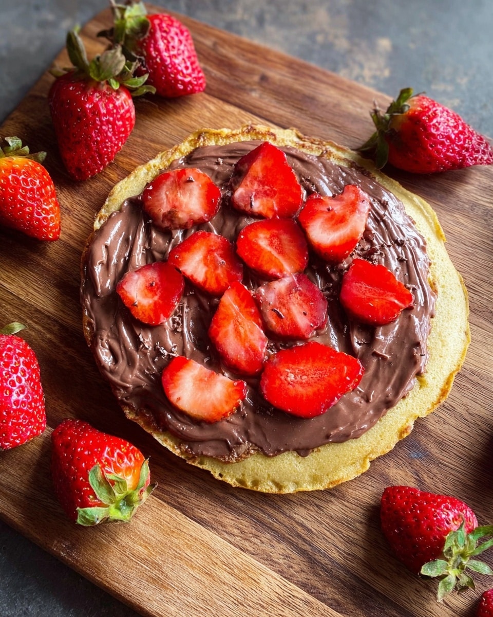 A single golden pancake lies flat on a wooden chopping board, covered with a smooth dark chocolate spread that has gentle swirls and a glossy texture. On top of the chocolate layer, bright red strawberry slices are scattered evenly, each showing the juicy interior and seeds. Around the pancake, whole and halved strawberries add vibrant red color, contrasting with the wooden board's rich brown tones. photo taken with an iphone --ar 4:5 --v 7