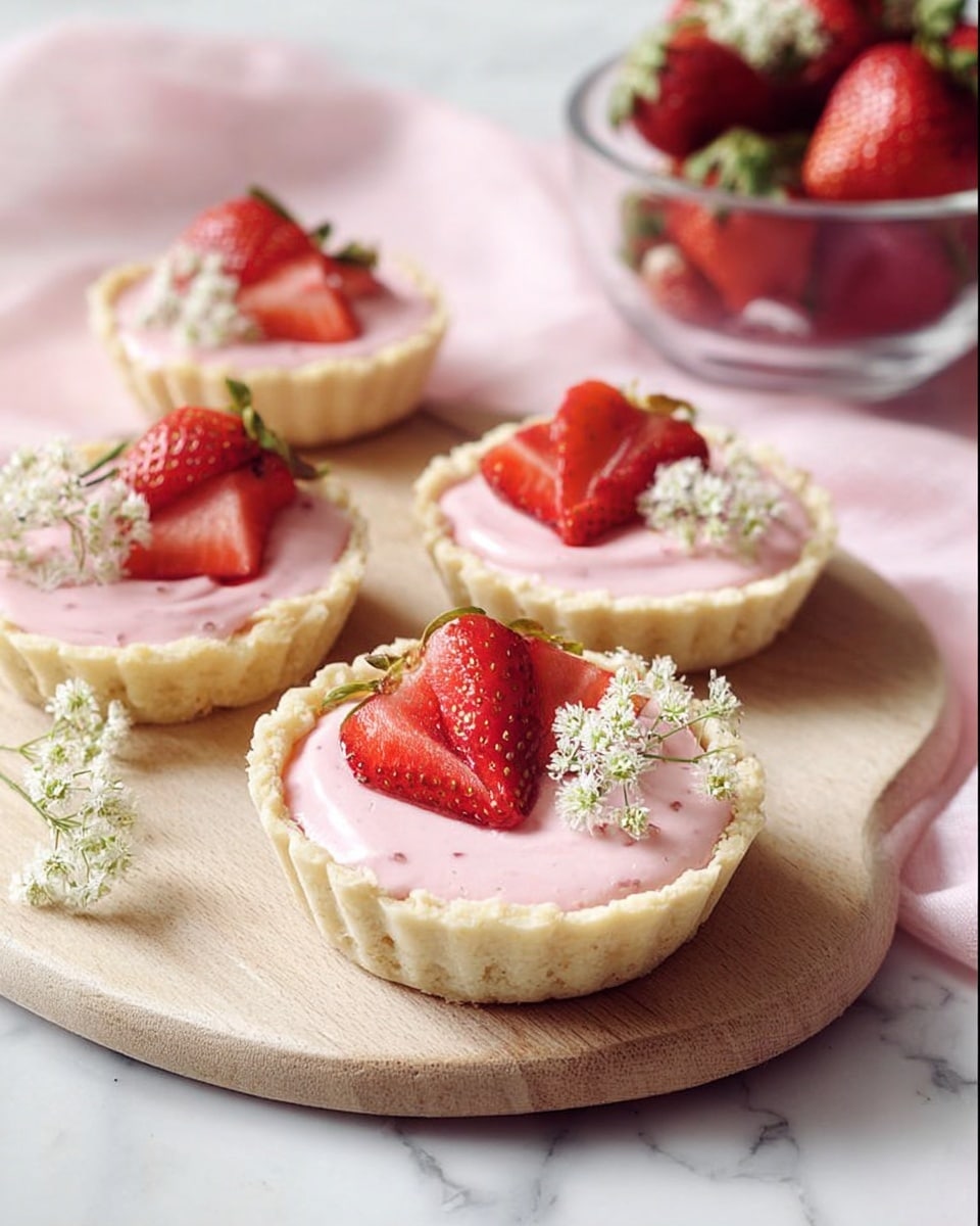A small tart with a light beige, crumbly crust shaped with a wavy edge, filled with a smooth, pale pink cream layer that fills the tart shell almost to the top. On top, there are two fresh strawberries: one whole and one sliced in half, placed side by side. Small white flower clusters are gently resting on the cream around the strawberries. The tart is set on a white marbled surface, with a brown bowl of strawberries and two empty brown tart pans blurred in the background. Photo taken with an iphone --ar 4:5 --v 7