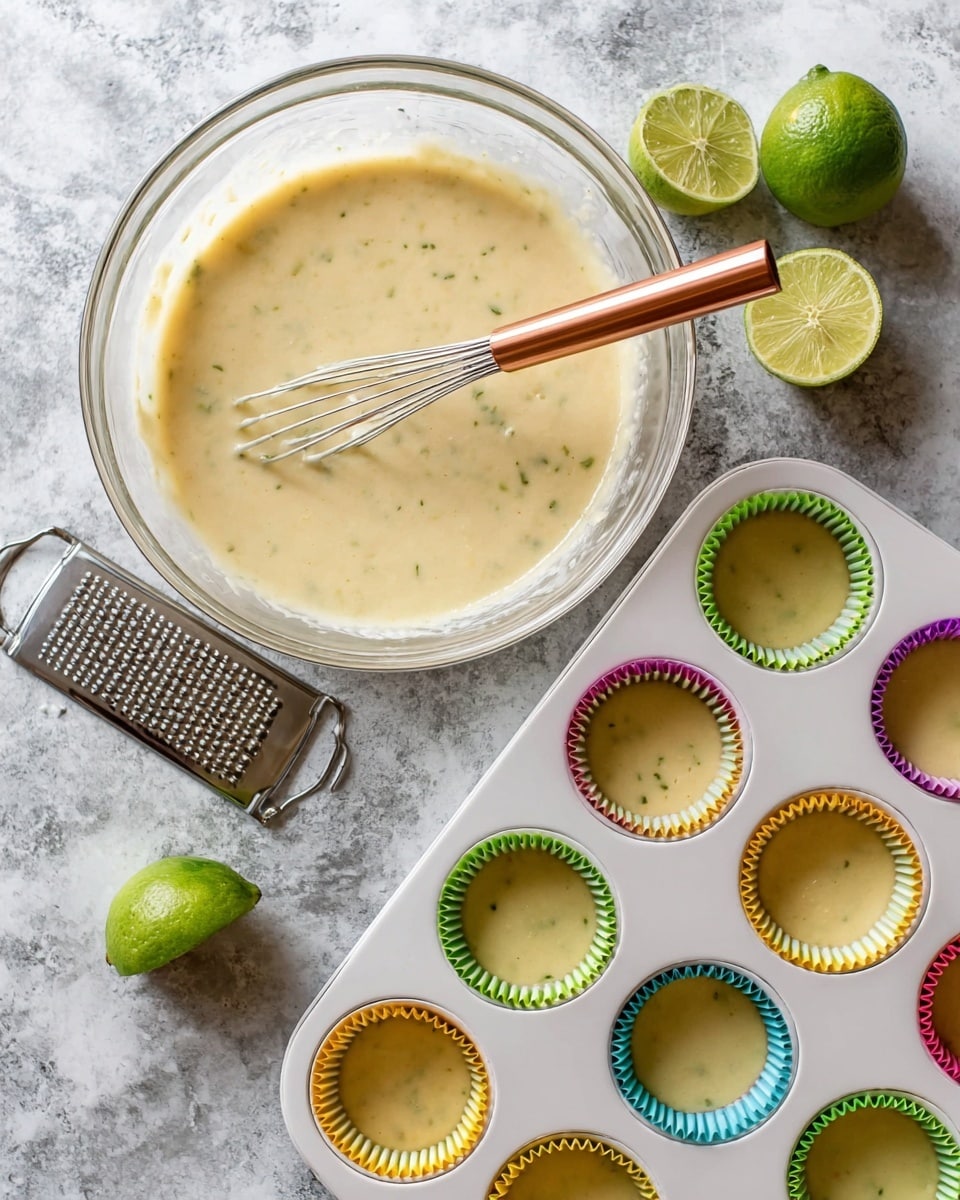 The image shows two parts: on the left, a clear glass bowl filled with smooth pale yellow batter with tiny green specks, a silver whisk with a copper handle resting inside, squeezed lime halves, a whole lime, measuring cups, and a metal grater are around the bowl on a white marbled surface; on the right, a white muffin pan holds six colorful rainbow cupcake liners, each filled to about three-quarters with the same batter from the bowl, and part of another glass bowl with more batter is visible at the top right corner, all placed on the same white marbled surface photo taken with an iphone --ar 4:5 --v 7